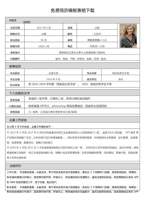 站长保荐免费简历模板表格下载精编word