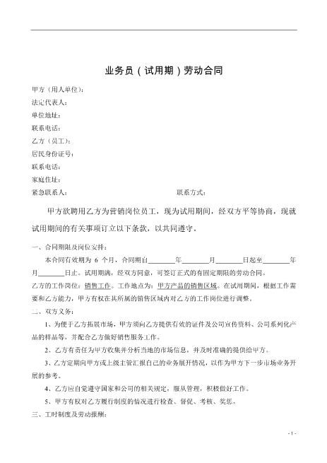 业务员(试用期)劳动合同