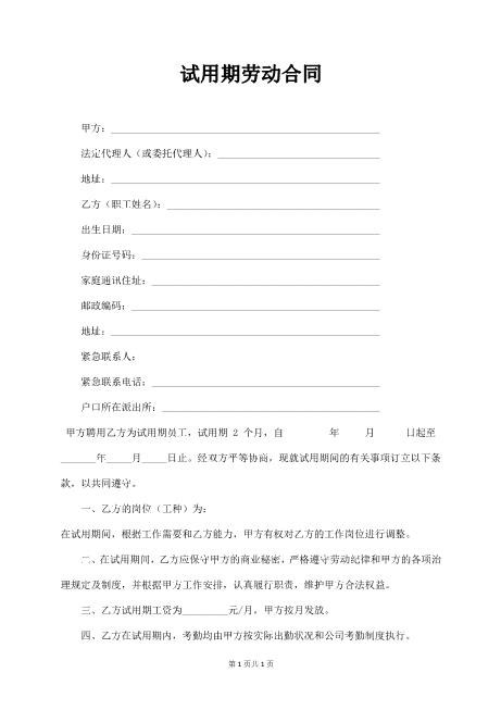 试用期劳动合同书(新)Z538劳动合同