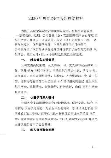2020年度组织生活会总结材料精选版word可编辑